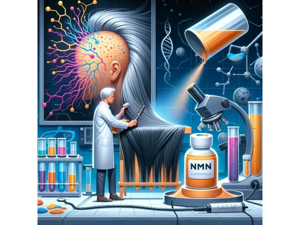 NMNと白髪の関係を細胞レベルで研究している科学者のイメージイラスト画像