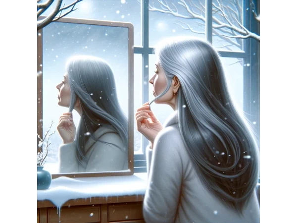 女性の髪の毛の白髪と雪空の風景イメージイラスト画像