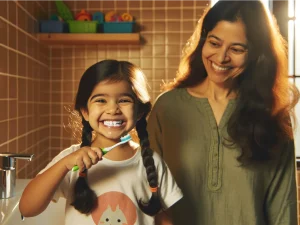 歯ブラシの使い方を教える母親イメージ画像オリジナル